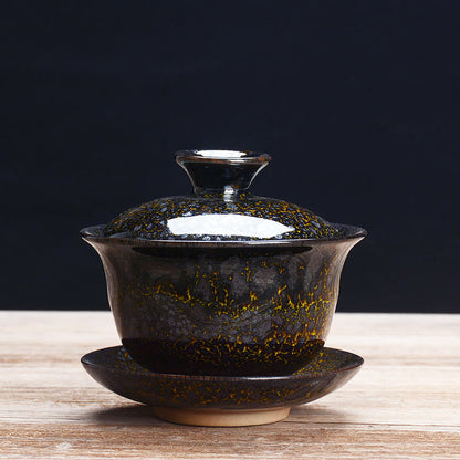 Avelena | Vintage Kiln Keramik Gaiwan Sancai Teetasse Teetasse und Untertasse mit Deckel