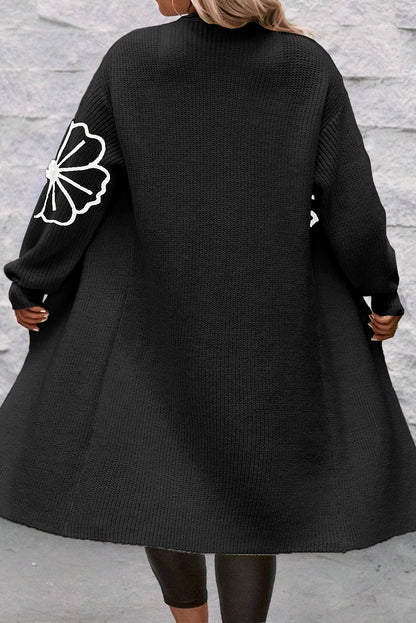 Avelena | Offene Schulterfreie Duster-Strickjacke mit Blumenstickerei