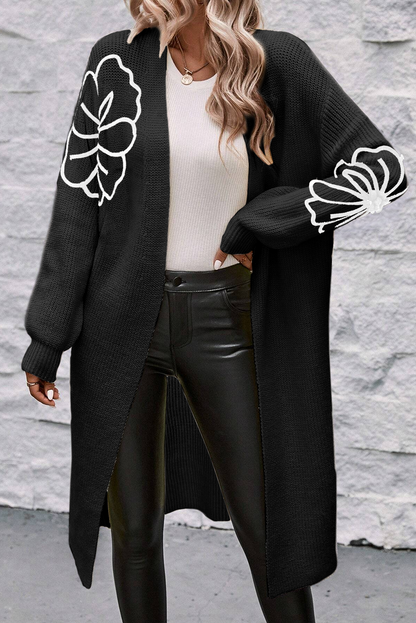 Avelena | Offene Schulterfreie Duster-Strickjacke mit Blumenstickerei
