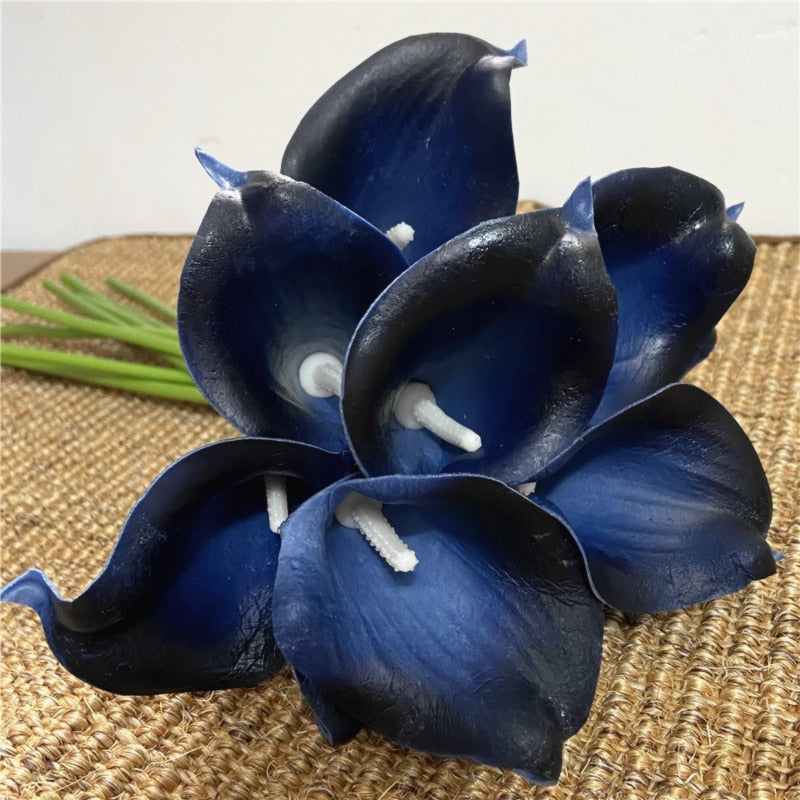 Avelena | 10 marineblaue Calla-Lilien PU Real Touch Blumen Hochzeitsdekoration Sträuße Tischdekoration Kunstblumen Wohnkultur