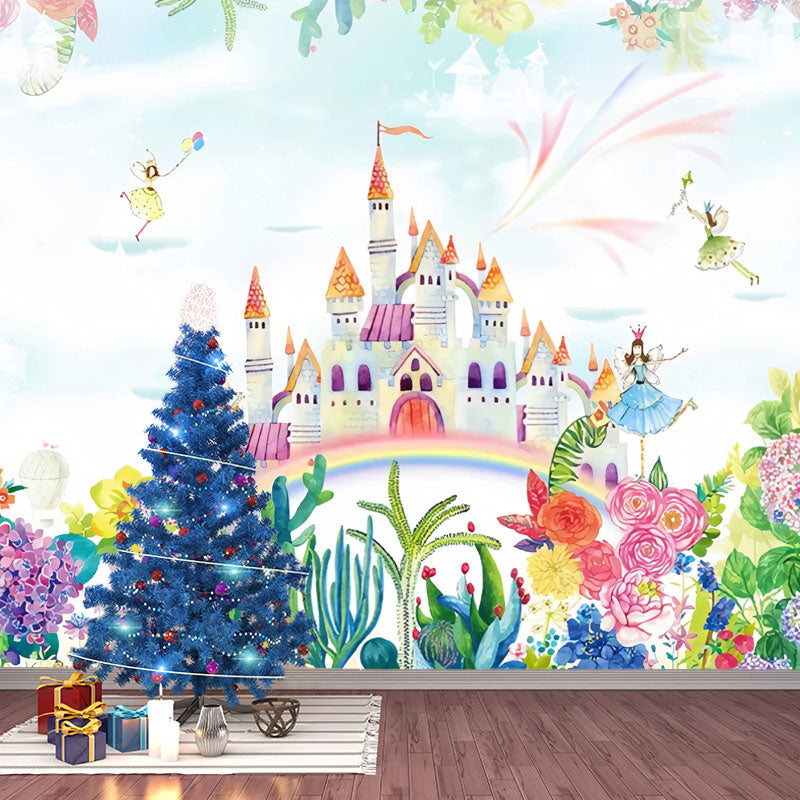 Avelena | Grün und Pink Einfaches Wandmuster Tapete Personalisierte Größe Schloss und Blumen Wandkunst für Kinder
