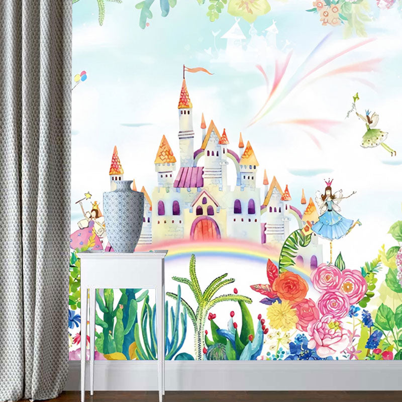 Avelena | Grün und Pink Einfaches Wandmuster Tapete Personalisierte Größe Schloss und Blumen Wandkunst für Kinder