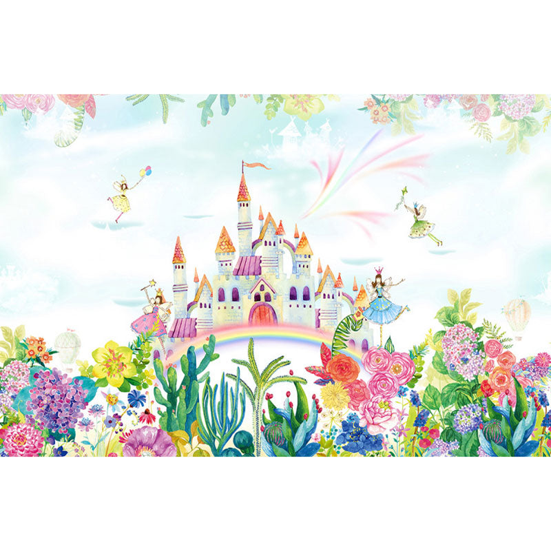 Avelena | Grün und Pink Einfaches Wandmuster Tapete Personalisierte Größe Schloss und Blumen Wandkunst für Kinder