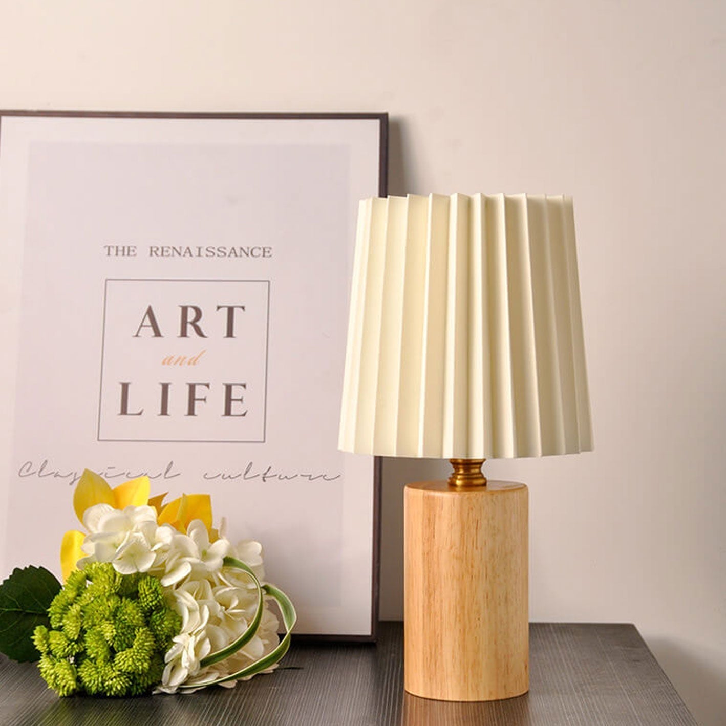 Avelena | Vintage Korean Plissee Säule Massivholz Basis 1-Licht Tischlampe