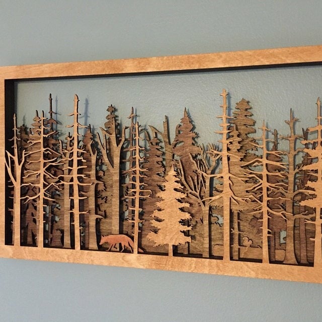 Avelena | Wanddeko Waldszene mit Fuchs | 7-lagige Lasercut Holzkunst | Baltische Birke