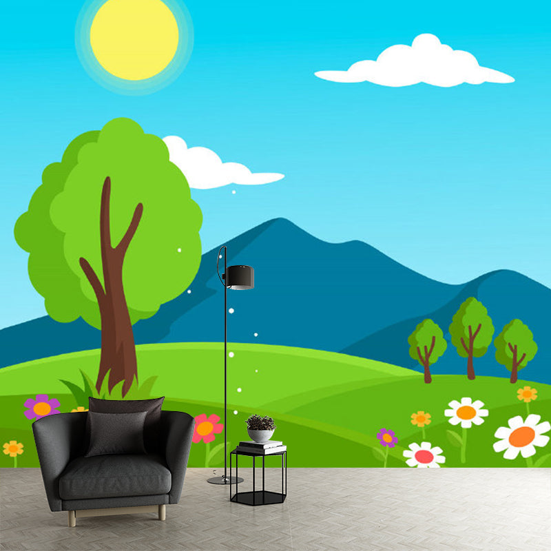 Avelena | Vollformat Szenerie Wandmalereien Cartoon Frühlings Sonnenblumen Wandkunst In Blau-Gelb-Grün