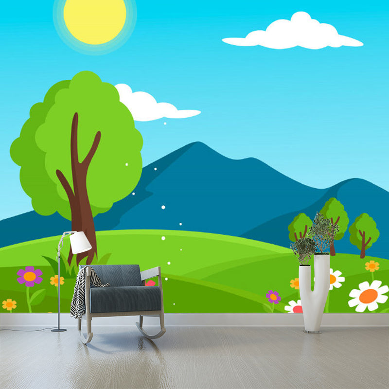 Avelena | Vollformat Szenerie Wandmalereien Cartoon Frühlings Sonnenblumen Wandkunst In Blau-Gelb-Grün