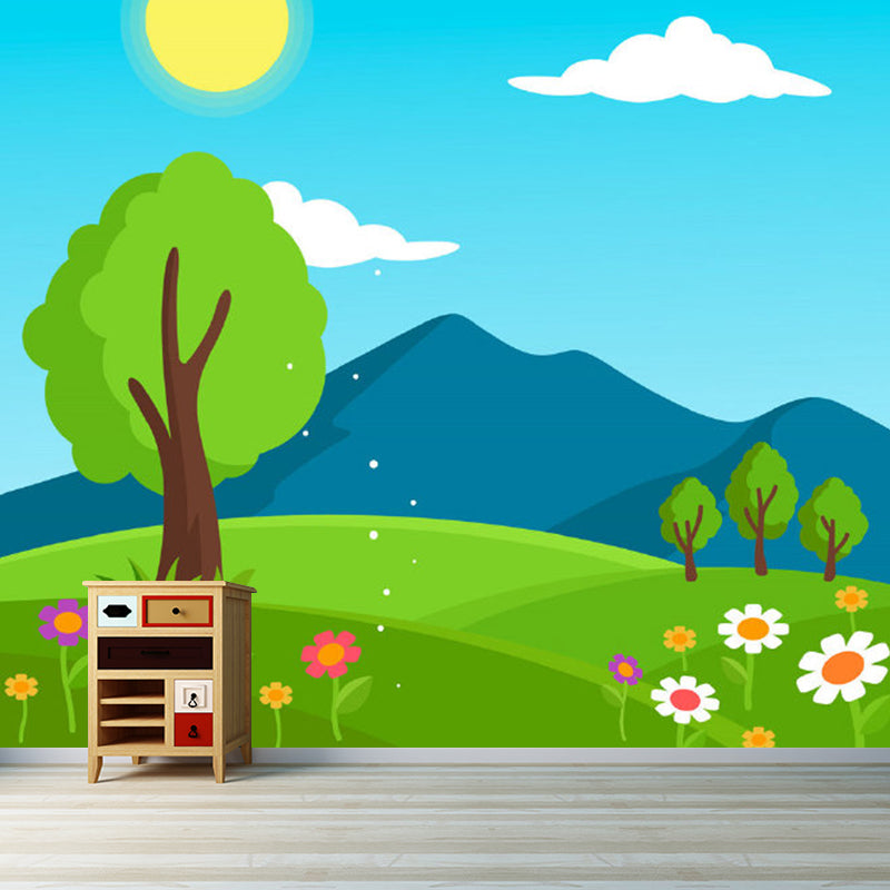 Avelena | Vollformat Szenerie Wandmalereien Cartoon Frühlings Sonnenblumen Wandkunst In Blau-Gelb-Grün