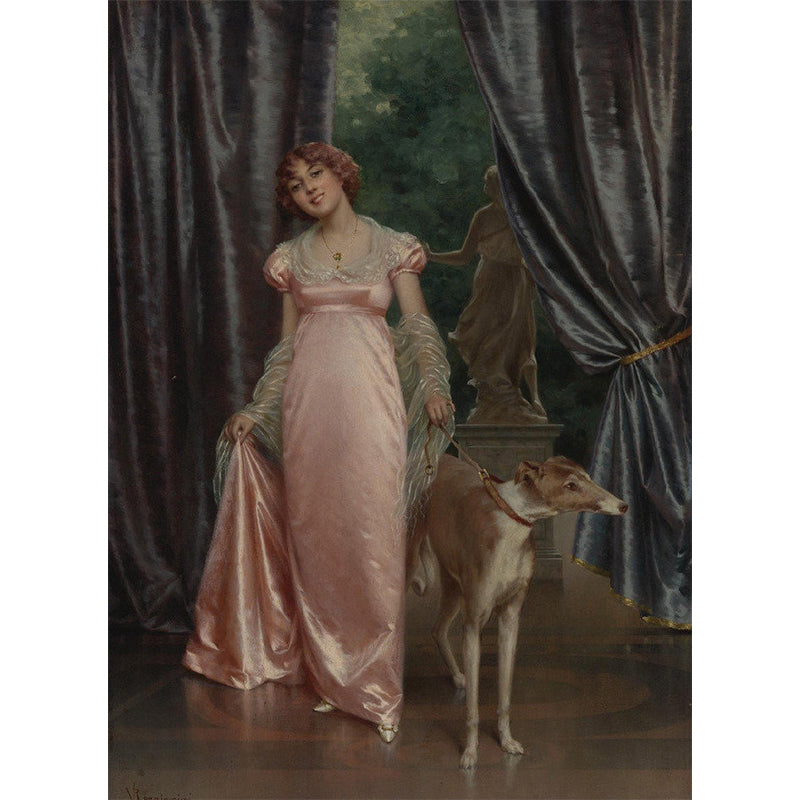 Avelena | Mid-Century Hund und Mädchen Wandmalerei für Das Esszimmer, Individuelle Größen Wanddekoration In Pink und Grau