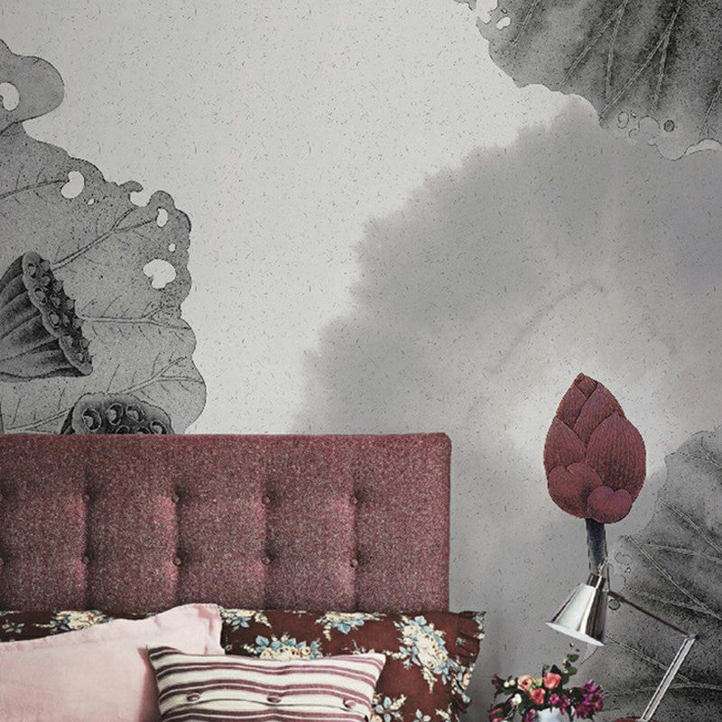 Avelena | Lotus-Druck Wandbilder Tapete Grau und Rot Asiatischer Stil Wandverkleidung für Schlafzimmer Dekor