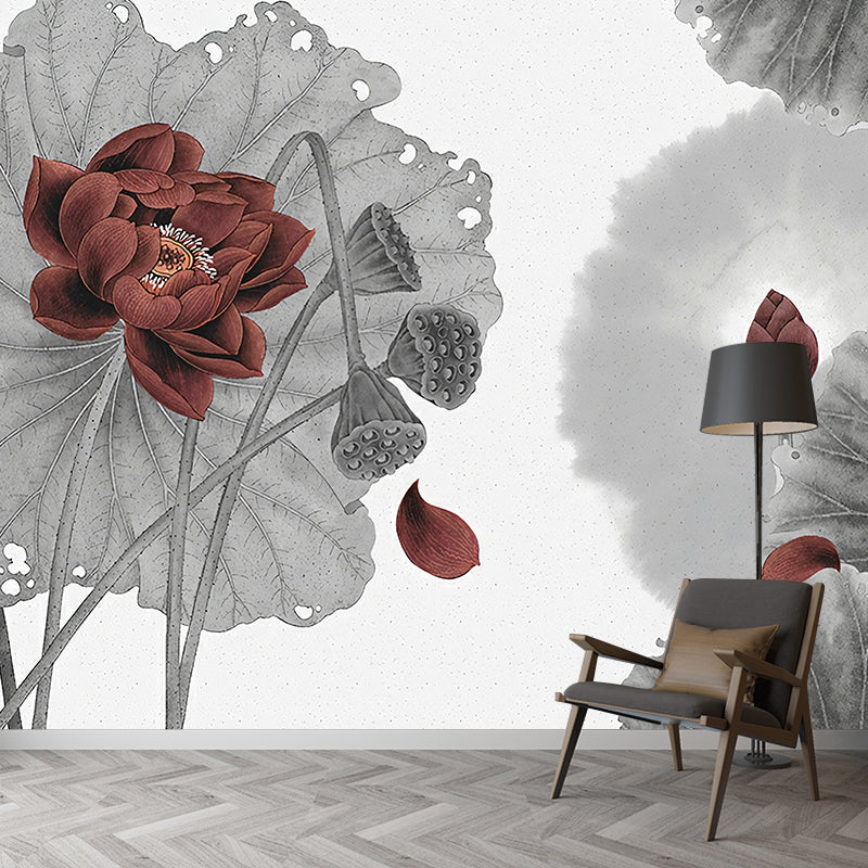 Avelena | Lotus-Druck Wandbilder Tapete Grau und Rot Asiatischer Stil Wandverkleidung für Schlafzimmer Dekor