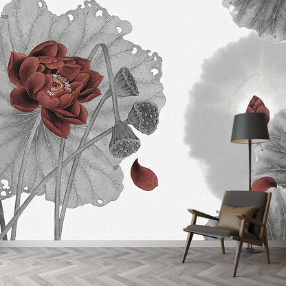 Avelena | Lotus-Druck Wandbilder Tapete Grau und Rot Asiatischer Stil Wandverkleidung für Schlafzimmer Dekor