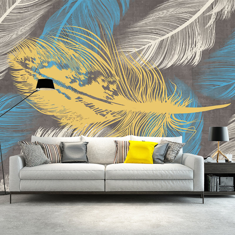 Avelena | Gelb-Blau Feder Tapeten Wandbilder Feuchtigkeitsbeständig Modern Schlafzimmer Wanddekoration