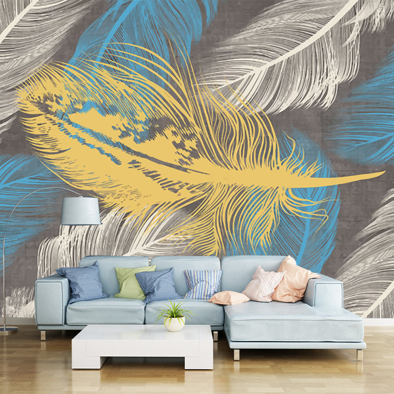 Avelena | Gelb-Blau Feder Tapeten Wandbilder Feuchtigkeitsbeständig Modern Schlafzimmer Wanddekoration
