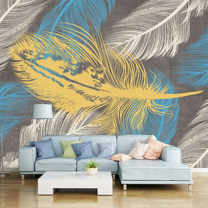 Avelena | Gelb-Blau Feder Tapeten Wandbilder Feuchtigkeitsbeständig Modern Schlafzimmer Wanddekoration