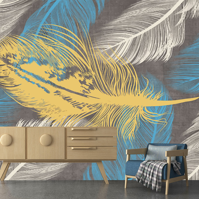 Avelena | Gelb-Blau Feder Tapeten Wandbilder Feuchtigkeitsbeständig Modern Schlafzimmer Wanddekoration