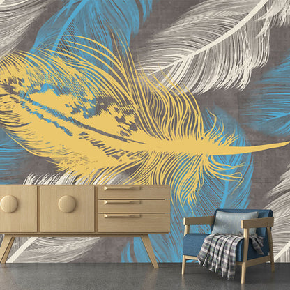 Avelena | Gelb-Blau Feder Tapeten Wandbilder Feuchtigkeitsbeständig Modern Schlafzimmer Wanddekoration