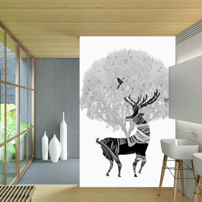 Avelena | Schwarz-Weiß Künstlerische Wandtattoo Vollgröße Hirsch- und Baum-Muster Wandverkleidung für Schlafzimmer