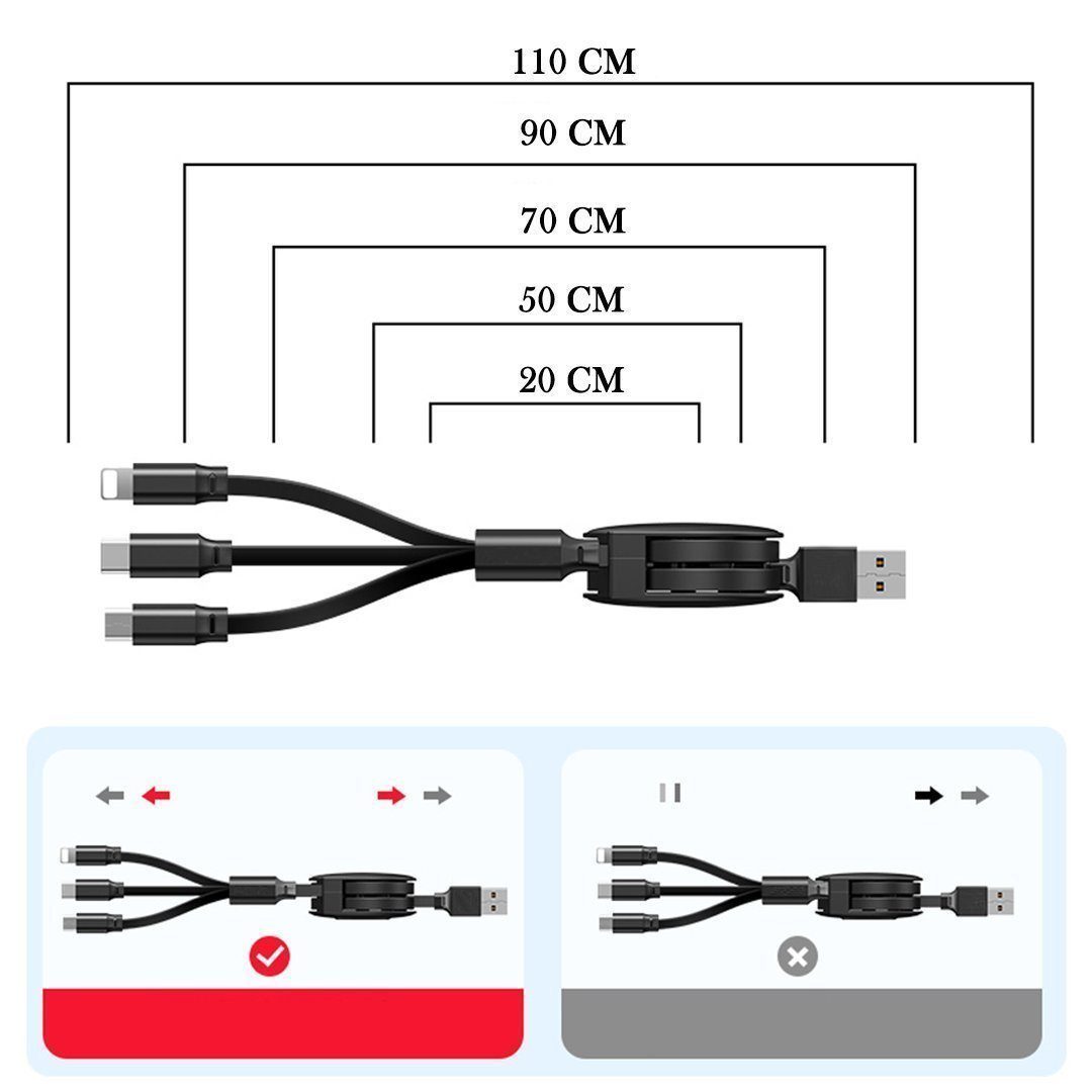 Avelena | 3-1 Ausziehbares Ladekabel Für Ios, Micro und Type-C