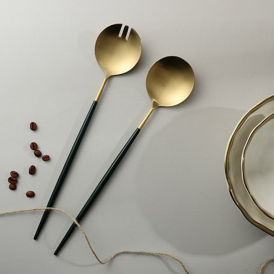 Avelena | Schwarze und goldene Salatbesteck- und Servierutensilien-Set