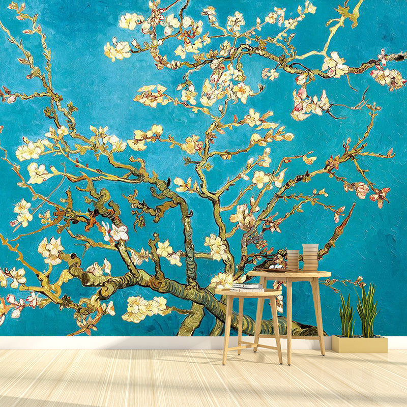 Avelena | Asiatischer Pflaumenbaum Wandmural Aufkleber Gelb und Blau Wasserdichte Wanddekoration für Schlafzimmer