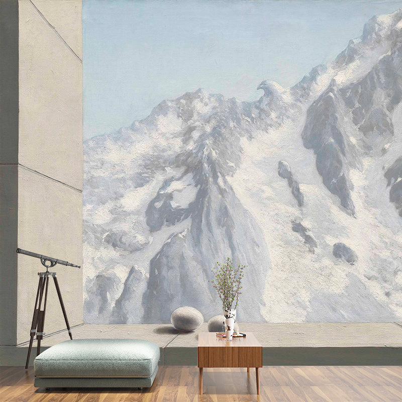 Avelena | Grau-Weiße Schneeberg Tapete Fleckenresistente Wandkunst für Das Wohnzimmer