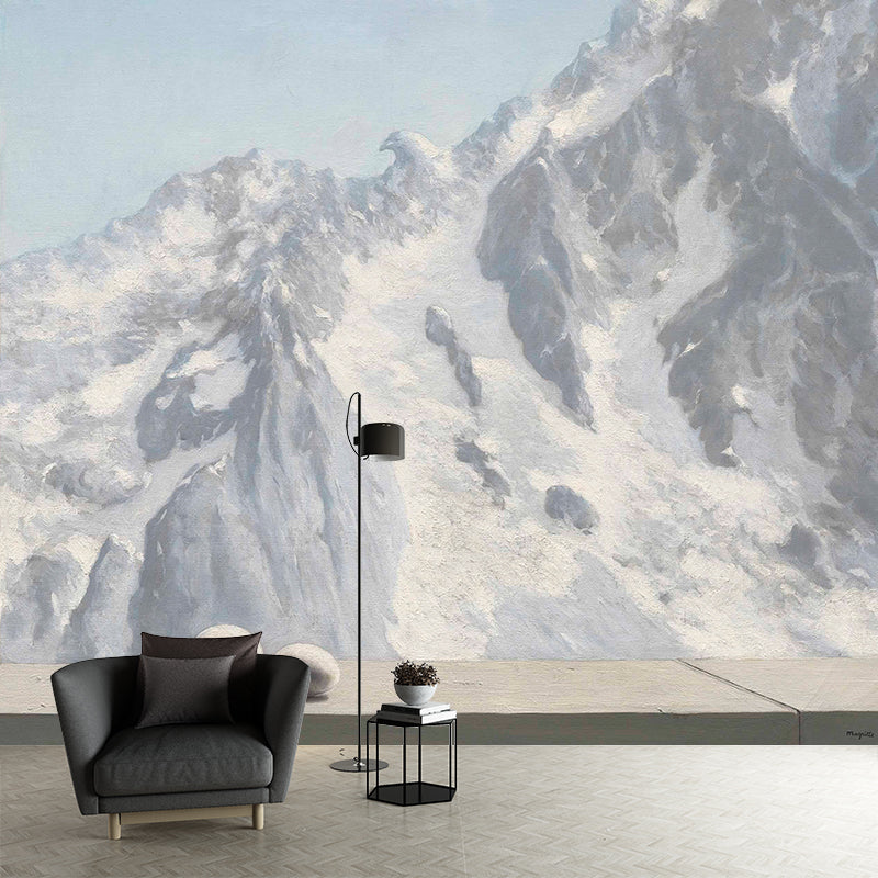 Avelena | Grau-Weiße Schneeberg Tapete Fleckenresistente Wandkunst für Das Wohnzimmer