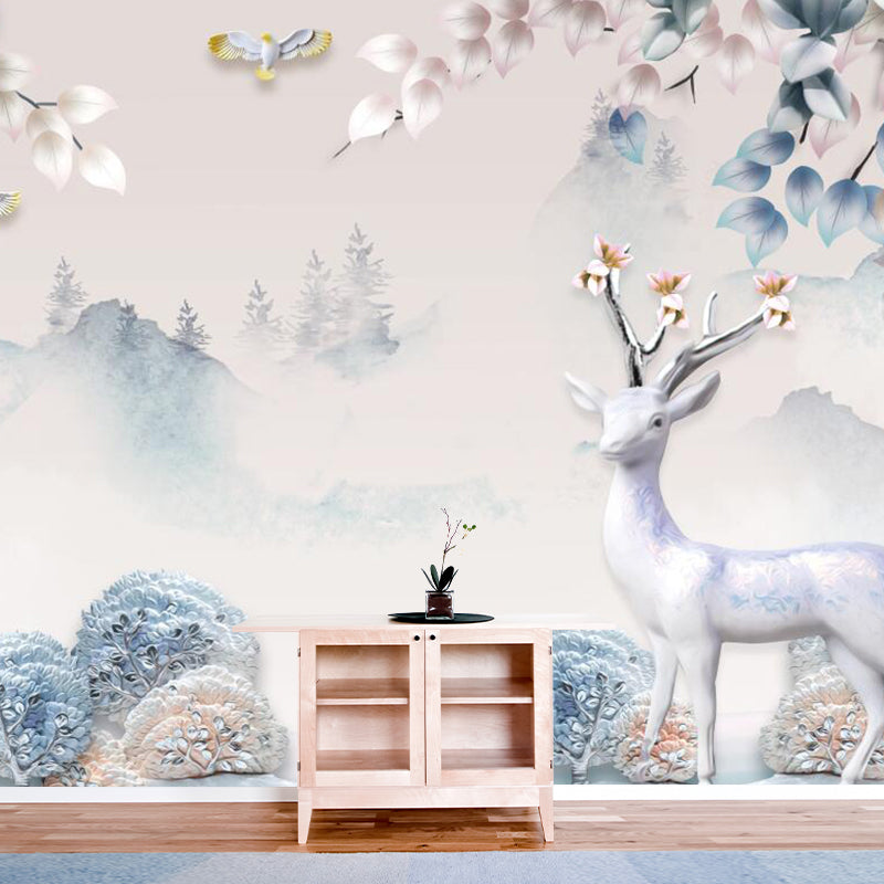 Avelena | Misty Landscape Deers Wandmural Aufkleber Nordisch Vliesstoff Wandkunst In Gelb-Blau