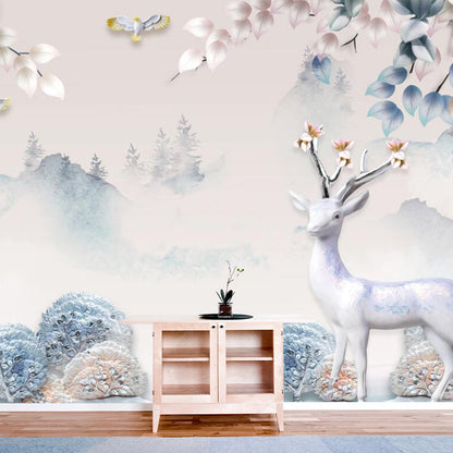 Avelena | Misty Landscape Deers Wandmural Aufkleber Nordisch Vliesstoff Wandkunst In Gelb-Blau