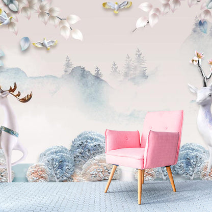 Avelena | Misty Landscape Deers Wandmural Aufkleber Nordisch Vliesstoff Wandkunst In Gelb-Blau