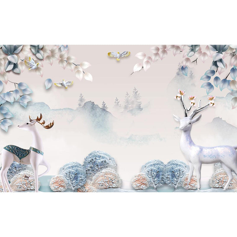 Avelena | Misty Landscape Deers Wandmural Aufkleber Nordisch Vliesstoff Wandkunst In Gelb-Blau
