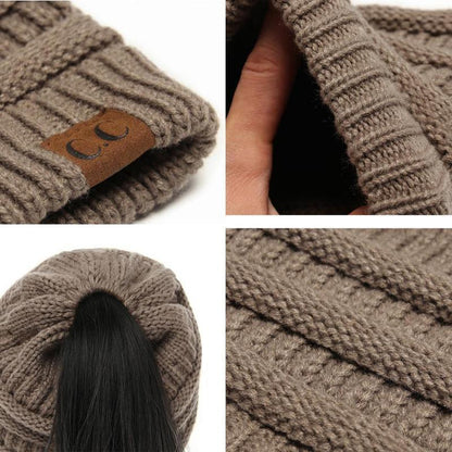 Avelena | Weiche Gestrickte Pferdeschwanz-Mütze Mit Zöpfen Loch
