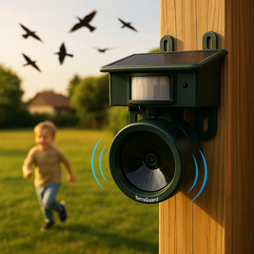 Avelena | TerraGuard – Wetterfester Solar-Vogelvertreiber mit PIR-Bewegungssensor & natürlichem Geräuschabwehrmittel