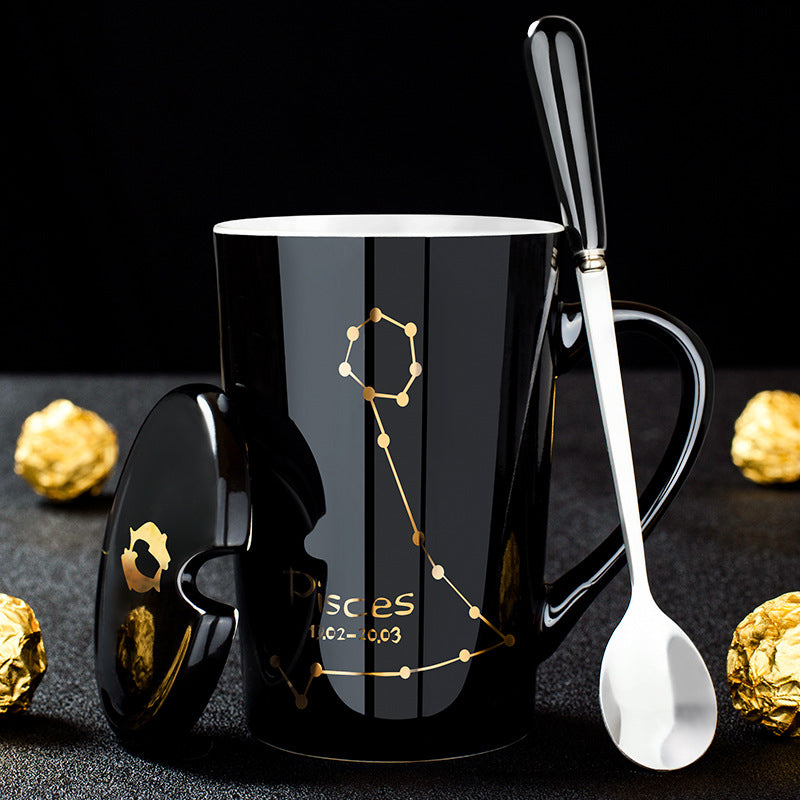 Avelena | 12 Tierkreiszeichen Schwarze Keramiktasse mit Deckel Löffel