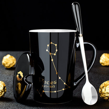 Avelena | 12 Tierkreiszeichen Schwarze Keramiktasse mit Deckel Löffel
