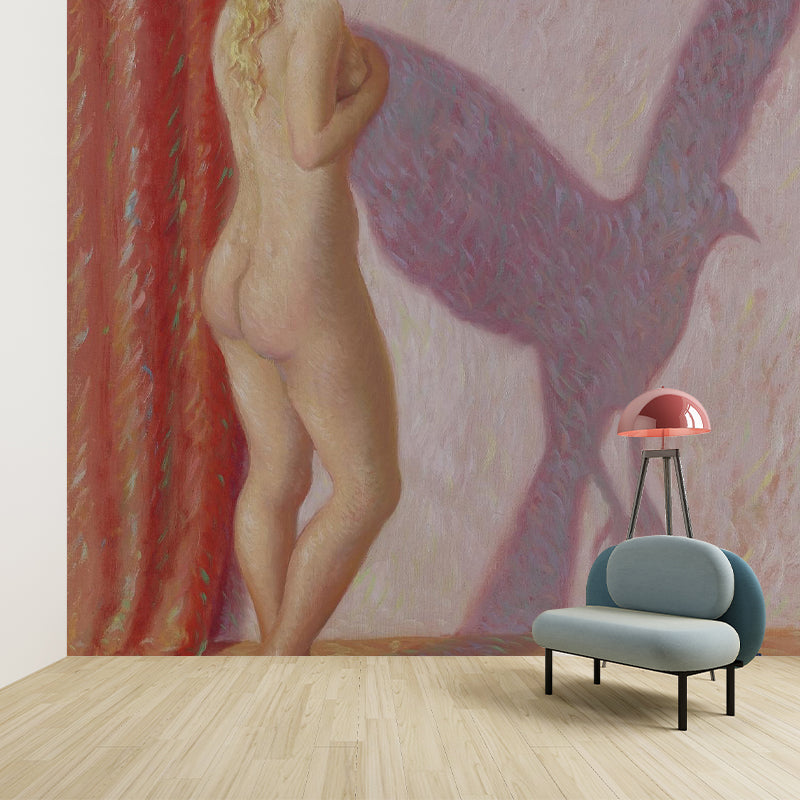 Avelena | Rotbraunes Surrealistisches Tapetenmural Ganze Frau mit Vogel Schattenzeichnung Wandkunst für Zuhause