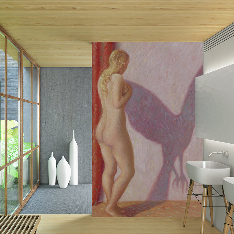 Avelena | Rotbraunes Surrealistisches Tapetenmural Ganze Frau mit Vogel Schattenzeichnung Wandkunst für Zuhause