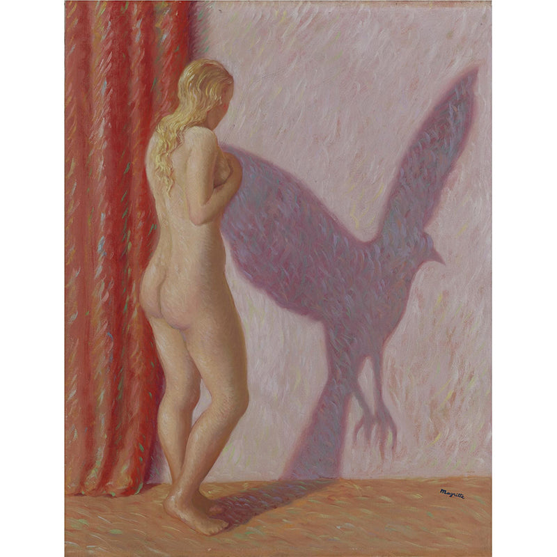 Avelena | Rotbraunes Surrealistisches Tapetenmural Ganze Frau mit Vogel Schattenzeichnung Wandkunst für Zuhause