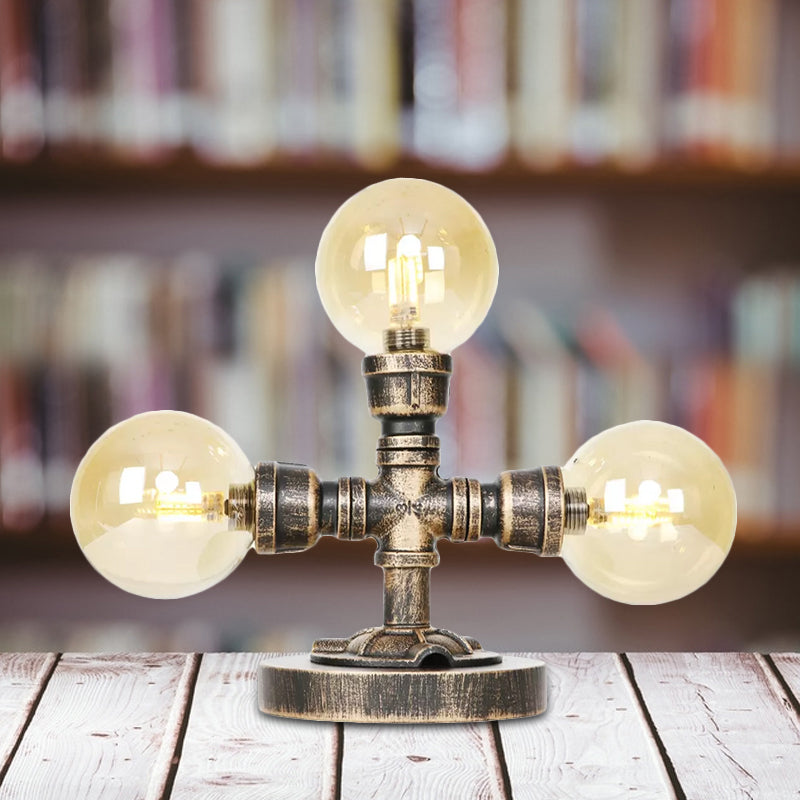 Avelena | Industrielle Runde Schirm Schreibtischlampe 2/3-Lampe Klar/Amber Glas Aufgabenbeleuchtung In Antik Silber/Bronze mit Fuß