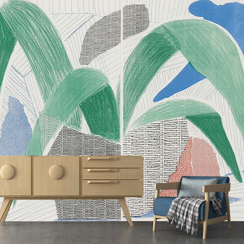Avelena | Art Potted Plant Wandmural Dekor In Blau-Grün Wohnzimmer Wandverkleidung, Personalisierte Größe