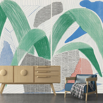 Avelena | Art Potted Plant Wandmural Dekor In Blau-Grün Wohnzimmer Wandverkleidung, Personalisierte Größe