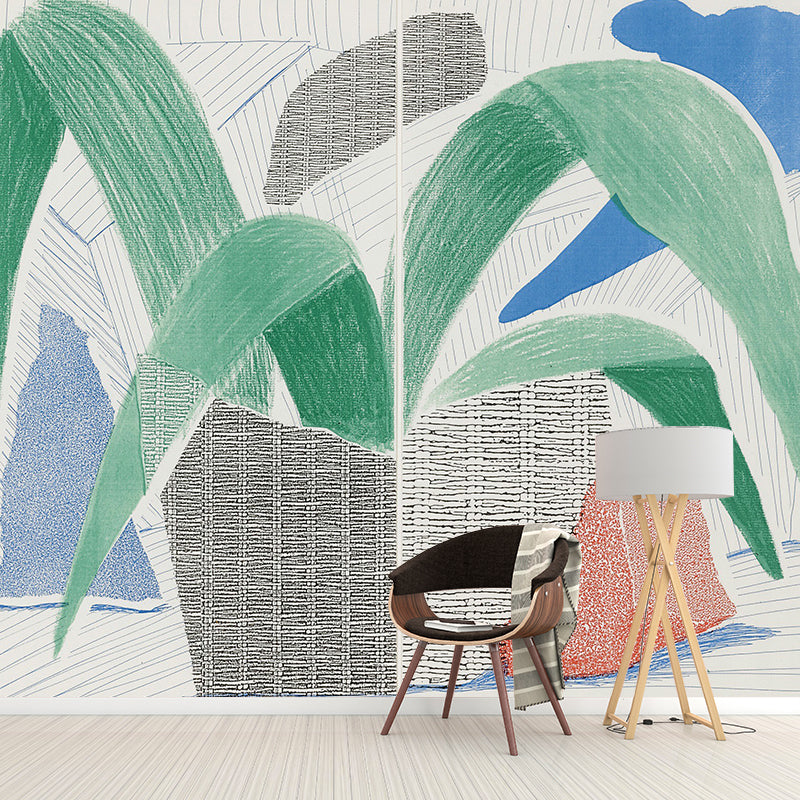 Avelena | Art Potted Plant Wandmural Dekor In Blau-Grün Wohnzimmer Wandverkleidung, Personalisierte Größe