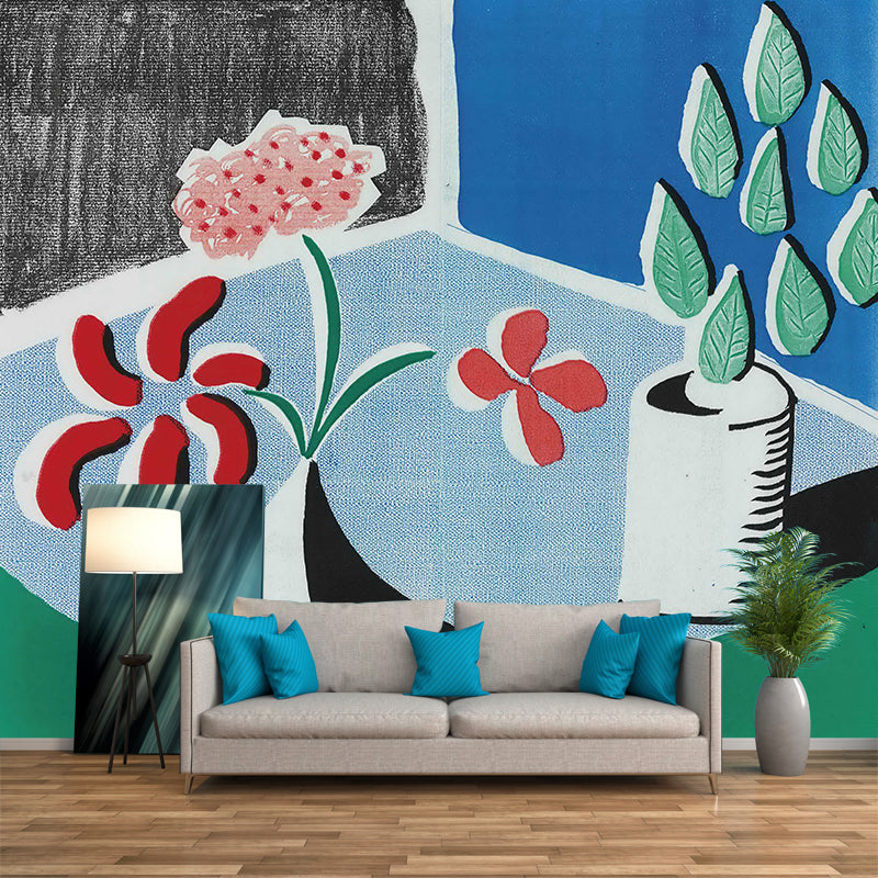 Avelena | Künstlerische Pflanzen Potted Blumen Wandbild Rot-Blau-Grün Fleckenresistente Wandabdeckung für Zuhause