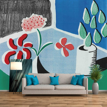 Avelena | Künstlerische Pflanzen Potted Blumen Wandbild Rot-Blau-Grün Fleckenresistente Wandabdeckung für Zuhause