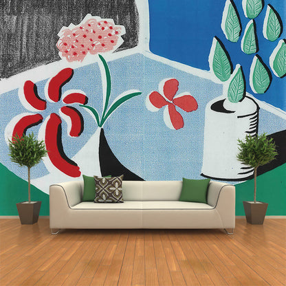 Avelena | Künstlerische Pflanzen Potted Blumen Wandbild Rot-Blau-Grün Fleckenresistente Wandabdeckung für Zuhause