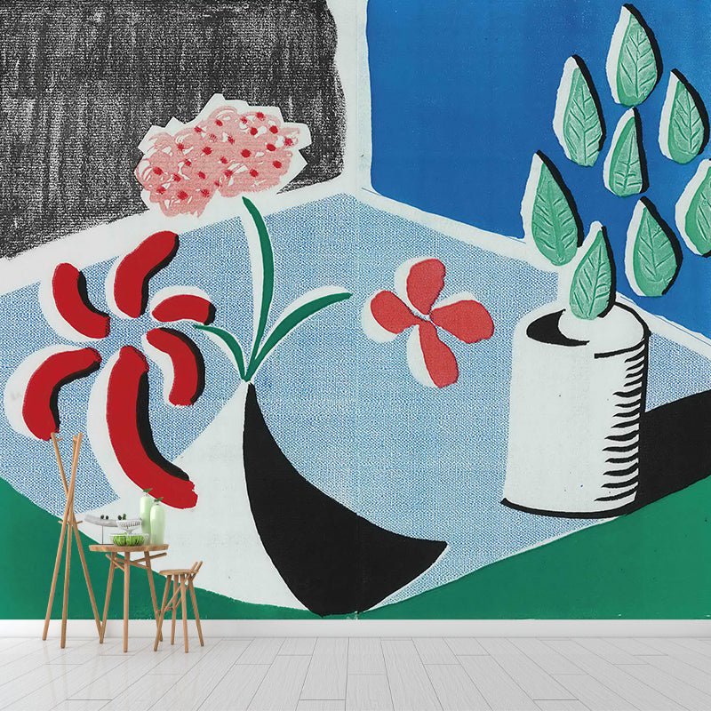Avelena | Künstlerische Pflanzen Potted Blumen Wandbild Rot-Blau-Grün Fleckenresistente Wandabdeckung für Zuhause