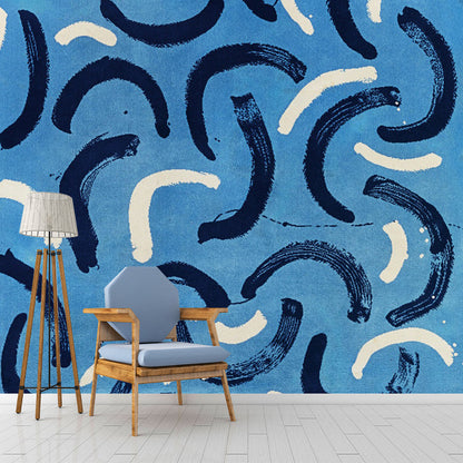 Avelena | Schwarz-Weiße Kurvenlinien Wandbild Stillleben Minimalistische Waschbare Wandkunst In Blau