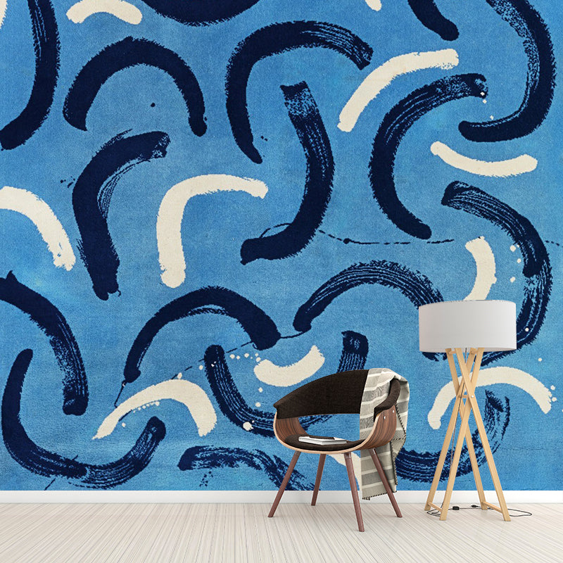 Avelena | Schwarz-Weiße Kurvenlinien Wandbild Stillleben Minimalistische Waschbare Wandkunst In Blau