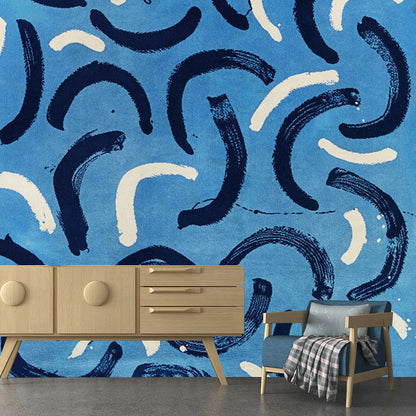 Avelena | Schwarz-Weiße Kurvenlinien Wandbild Stillleben Minimalistische Waschbare Wandkunst In Blau