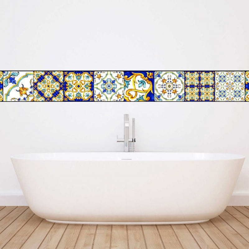 Avelena | Marokkanische Fliesen Kleber Tapeten Panel Set Gelb-Blau Boho Chic Wandkunst für Wohnzimmer
